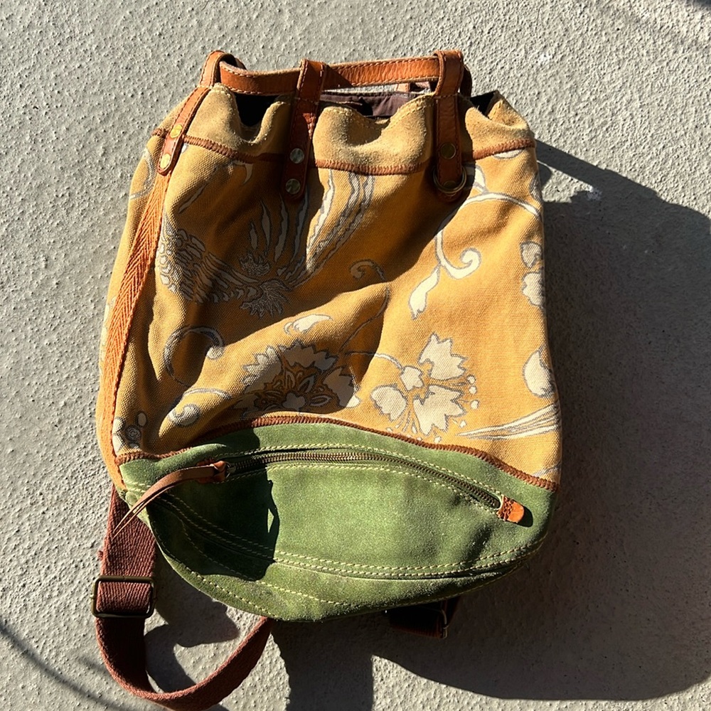Lucky Brand Cinched Backpack Tote Bag Canvas, Suede, Leather